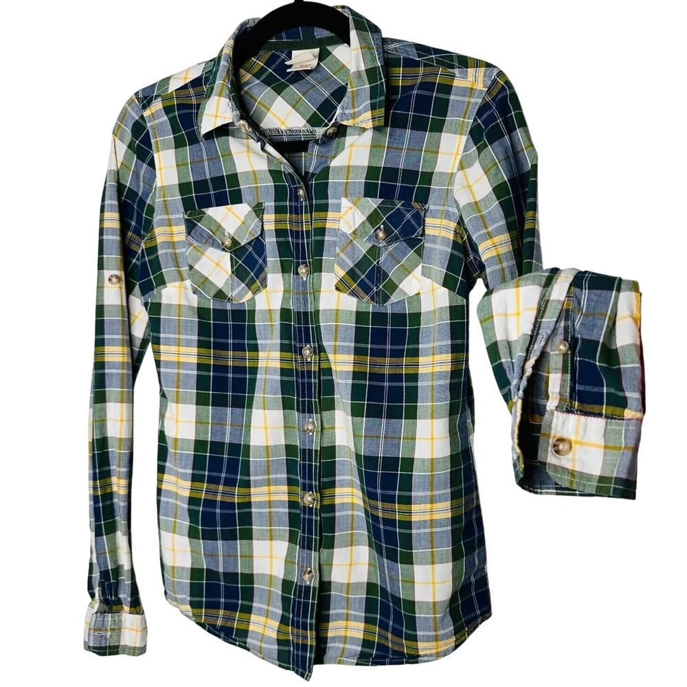Mossimo Supply Green Blue Yellow White Plaid Button Front Long Sleeve Shirt SM